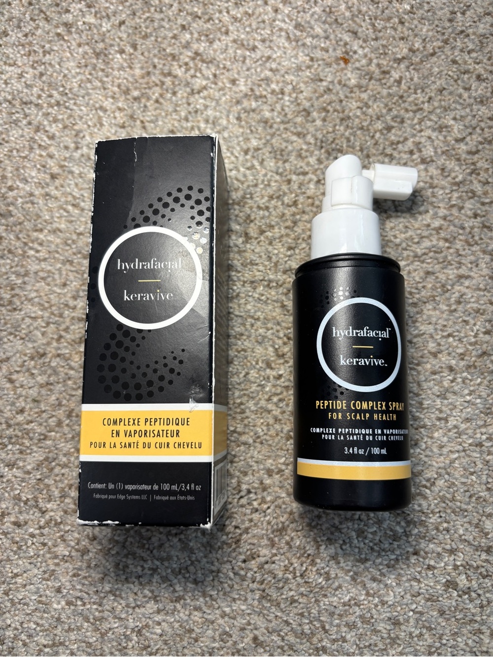 Hydrafacial Keravive Peptide Complex Spray for Scalp Health.